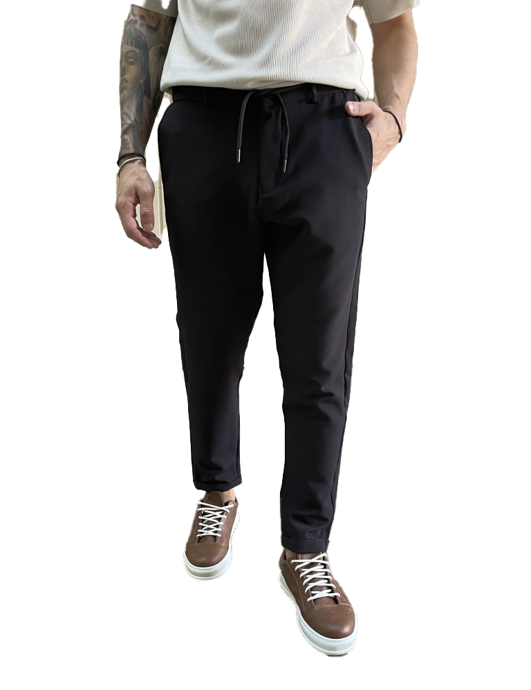 Ανδρικό υφασμάτινο μαύρο παντελόνι με κορδόνι και κουμπί FCL24096 φωτογραφία